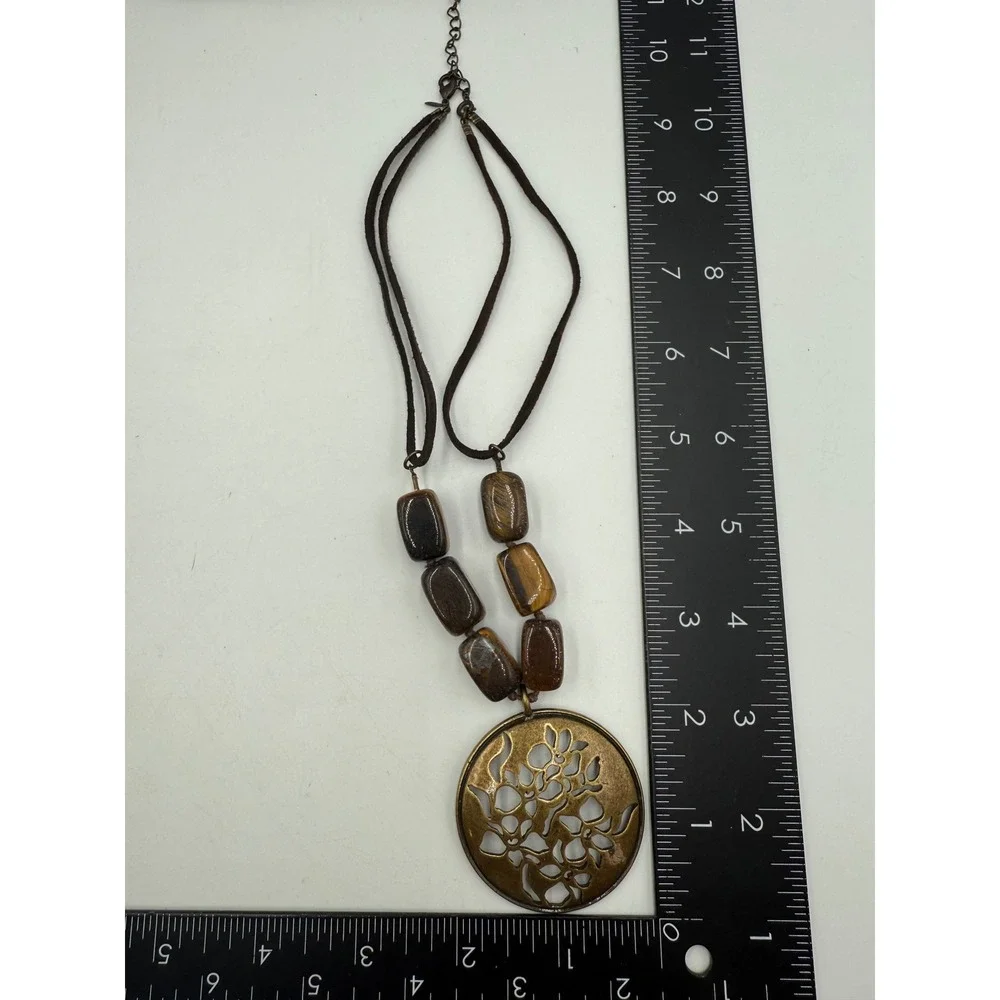 Avon Vintage Bronze Floral Medallion Tiger Eye Bead Suede Cord Necklace Boho